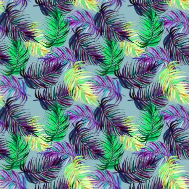 Tropikal palmiye yapraklarıyla klasik tarzda kusursuz egzotik desen. Orman botanik suluboya çizimi. Duvar kağıdı, tekstil, kumaş, kırtasiye, çocuk kıyafeti, mayo.