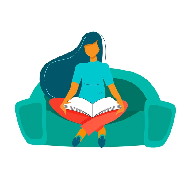Covid Young Women Sitting Home Armchair Reading Book Coronavirus Molecules — Stock Vector