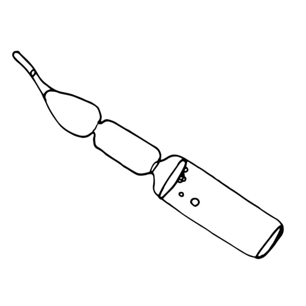 薬でアンプル 白い背景に隔離された解毒剤 医用ブランクガラスとプラスチックボトル 黒インクのフリーハンドエンブレム リニア フリーハンド 紙の上に描かれ レトロなドアスタイル — ストックベクタ