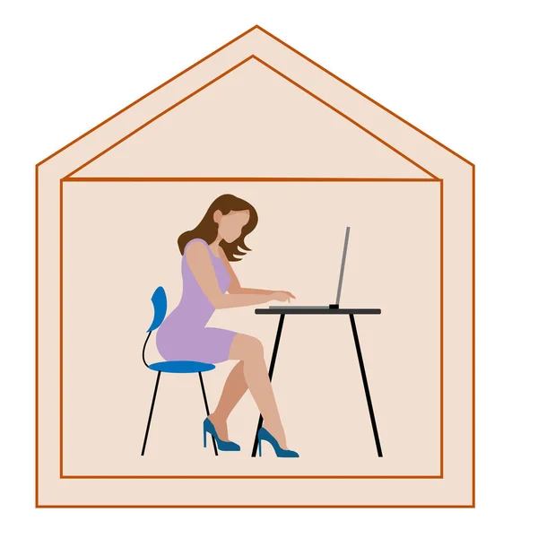 Vrouw Werkt Online Thuis Illustratie Sociale Afstand Zelfisolatie Tijdens Quarantaine — Stockfoto