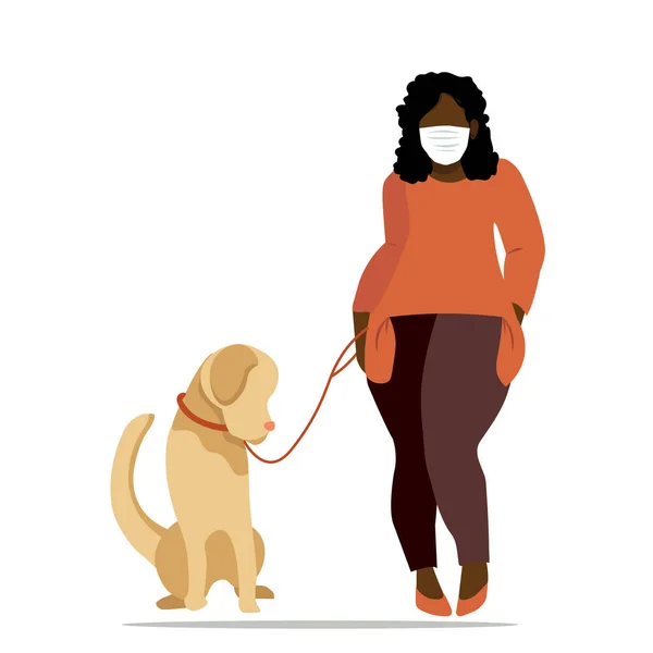 Young African American Girl Protective Mask Walks Dog Labrador Social — Stock Vector