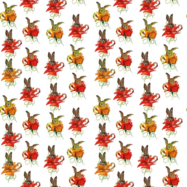 Seamless spring pattern with little bunnies in a cup of tea is a red rose. Love. Easter theme. Image in hand drawing cartoon style, fabric, wrapping paper, scrapbooking, wallpaper