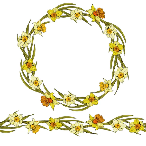 Cepillos Narcisos Estampados Vectoriales Corona Flores Diseño Invitación Boda Botánica — Vector de stock