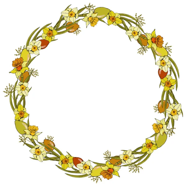 Cornice Floreale Con Fiori Narciso Disegnati Mano Uova Pasqua Illustrazione — Vettoriale Stock