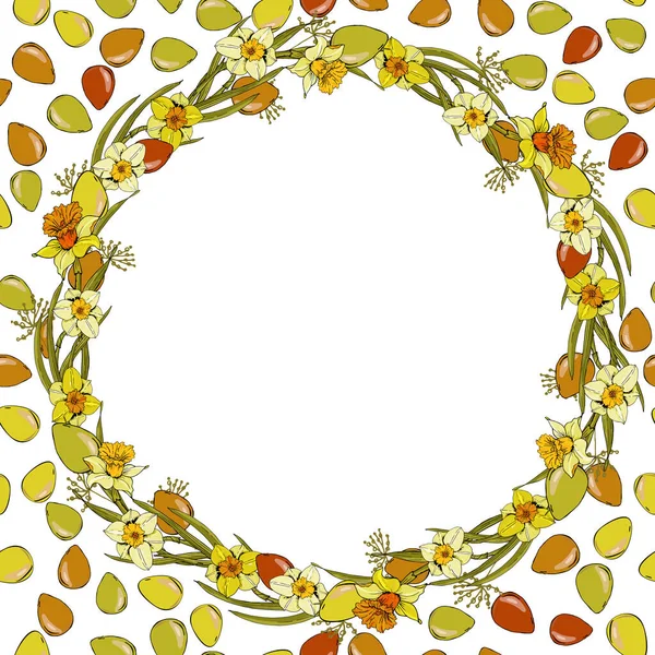 Цветочная Рамка Нарисованными Вручную Нарциссами Пасхальными Яйцами Ботанический Дизайн Приглашения — стоковый вектор
