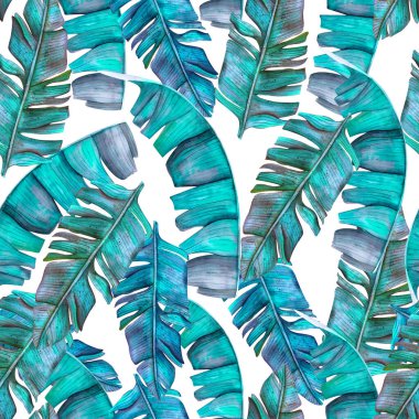 Klasik tarzda tropikal muz yapraklarıyla kusursuz egzotik desen. Orman botanik suluboya çizimi. Duvar kağıdı, tekstil, kumaş, kırtasiye, çocuk kıyafeti, mayo.