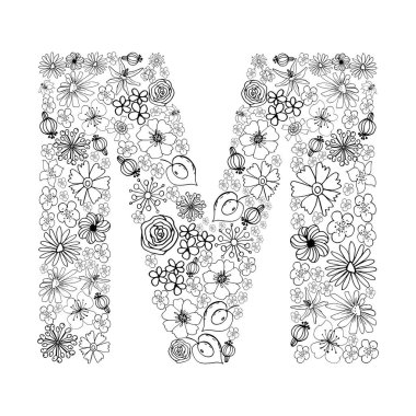 Klasik çiçek alfabesi. Bukvaa m. El çizimi vektör çizimi. Portföyümde başka mektuplar da var. Kapaklar, menüler, markalar, etiketler, kahve, çay paketleme tasarımı için elverişli.