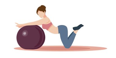 Kadın yogası. Kadın spora, yogaya, topa spor yapmaya gider. Ev aktiviteleri. Beyaz zemin üzerinde vektör düz illüstrasyon. Web sitesi ekran koruyucuları, spor ürünleri tasarımı, reklamcılık için.