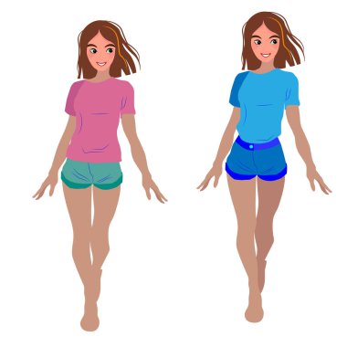 Tişörtlü ve şortlu genç kız. Kahverengi saçlı. Çizgi film stili vektör çizimi beyaz arkaplanda izole edildi. İniş sayfası, makaleler, modern. Tişört, çıkartma, poster, kart basmak için..