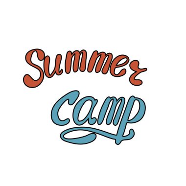 Yaz kampı mektupları. Yazı tipi tipografisi genel olarak büyük ve küçük harf. Tişört, broşür, kart, davetiye, broşür, poster tasarımı için vektör illüstrasyonu.