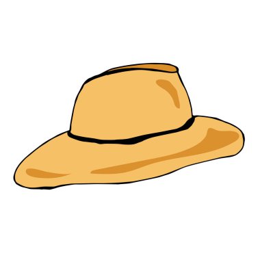 Plaj ve turizm için yaz şapkası. Plaj güneş şapkasının vektör çizimi. Renkli çizgi film vektör çizimi. Başlık tasarım ögesi. simge, etiket.