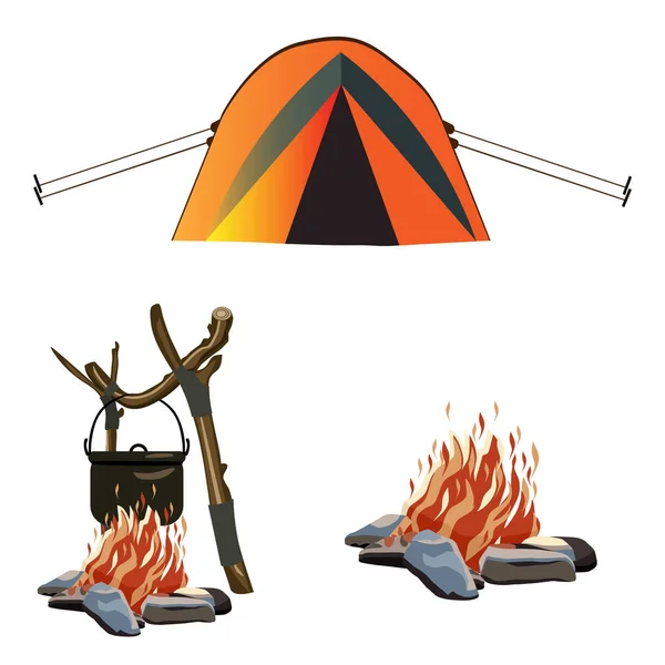 要素のセットたき火 ボウラー帽子 テント エコツーリズム ベクトル漫画風イラスト サイトのアイコン 白い背景の上に隔離された ポスター バナー ロゴのベクトルイラスト — ストックベクタ