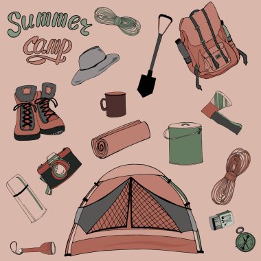 A set of camping equipment compass, backpack and tent.Vector set of objects isolated on a white background. icons. Inscription. Summer camp. For the design of banners, signage, stickers vector A set of camping equipment compass, backpack and tent.Vector set of objects isolated on a white background. icons. Inscription. Summer camp. For the design of banners, signage, stickers vector