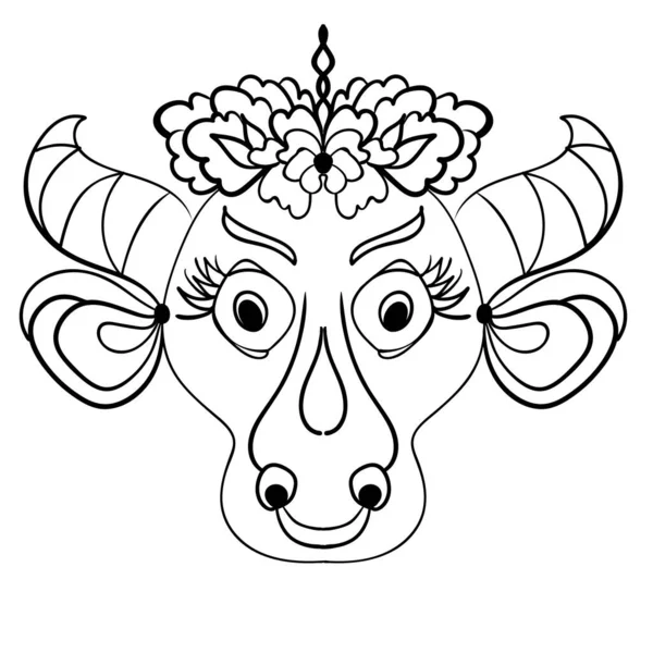 Liniowy Rysunek Krowiej Głowy Kwiatami Stylu Zentangle Dla Kolorowanki Ilustracja — Wektor stockowy