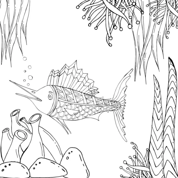 Marlin Fish Vector Illustration Sea Animals Oloring Book Beautiful Drawings — Stock Vector