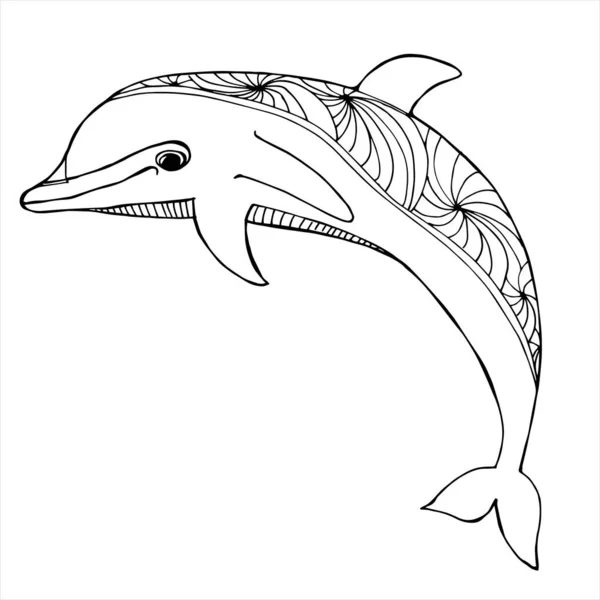 Delfiny Morzu Ilustracja Linii Kolorowanki Kolorowanka Dla Dorosłych Podwodny Świat — Wektor stockowy