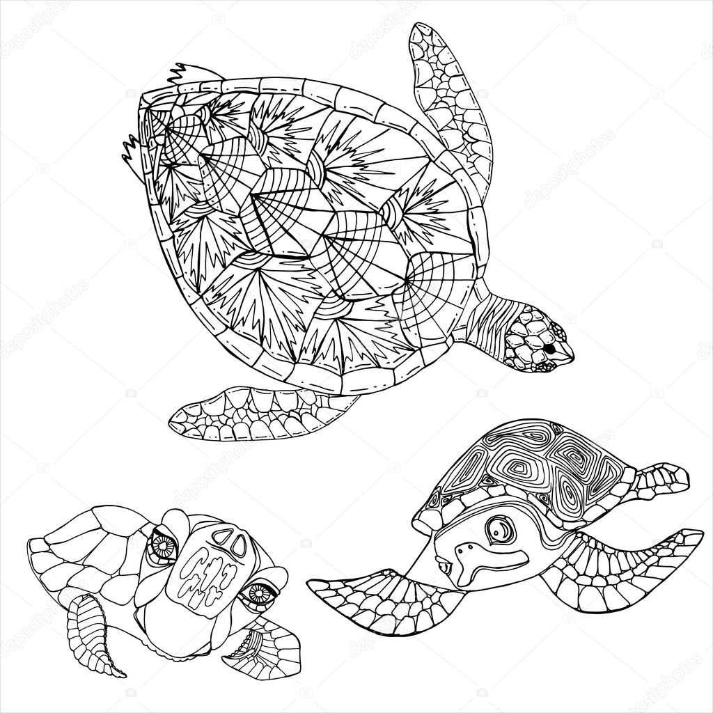 Sea Turtle Coloring Book Hand Drawing Coloring Book For Children And Adults Beautiful Drawings With Patterns And Small Details For Anti Stress And Children S Coloring Page Emblem Or Tattoo Premium Vector In