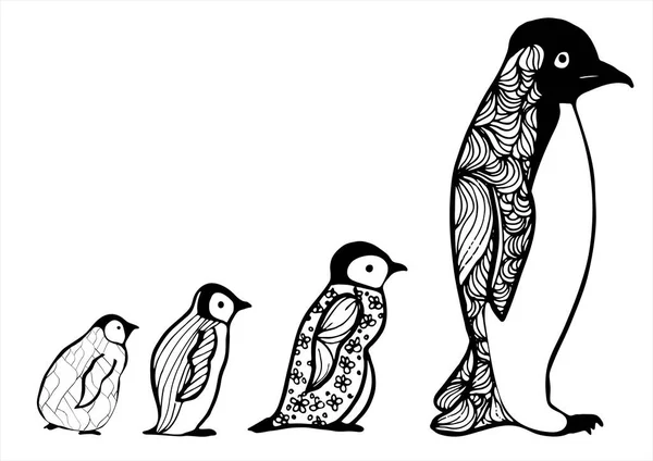 Den Lilla Pingvinen Handritad Bild Skiss För Stress Vuxen Målarbok — Stock vektor