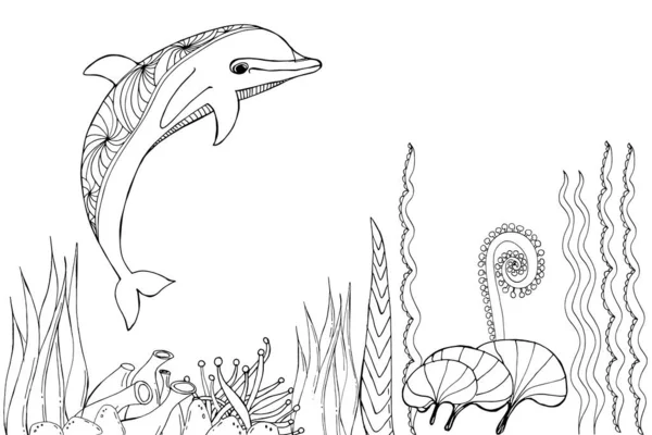 Дельфин Море Окруженный Водорослями Иллюстрации Окраски Раскраска Взрослых Подводный Мир — стоковый вектор