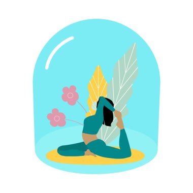 Yoga pozu, meditasyon ve sağlıklı yaşam tarzı. Yeşil eşofmanlı ve koruyucu maske takan güzel atletik kız evde egzersiz yapıyor. Koronavirüs salgınında sosyal uzaklık.