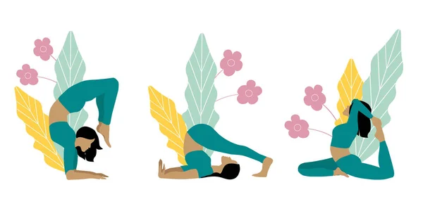 Yoga Feminino Ilustração Vetorial Uma Menina Bonita Diferentes Poses Ioga —  Vetores de Stock