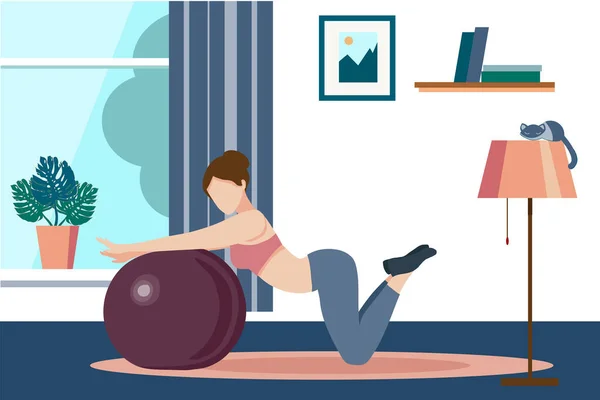 Women s yoga. woman goes in for sports, yoga, fitness with the ball. Home activities. Vector flat illustration on a white background. For website screensavers, design of sporting goods, advertising.