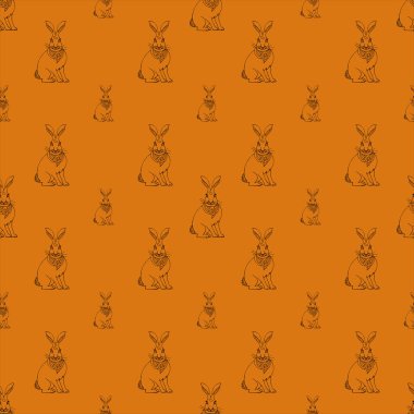 Turuncu arkaplandaki tavşan, siyah-beyaz vektör çizimi. Paskalya Tavşanı. Tavşanlarla tatil desenleri. Tebrik kartları, davetiyeler için fikir. Düz tasarımda vektör illüstrasyonu.