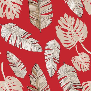 Tropikal palmiye yaprakları, orman yaprağı vektörsüz çiçek desenli arka plan. Duvar kağıdı, kumaş ve dekorasyonun klasik botanik çizimi