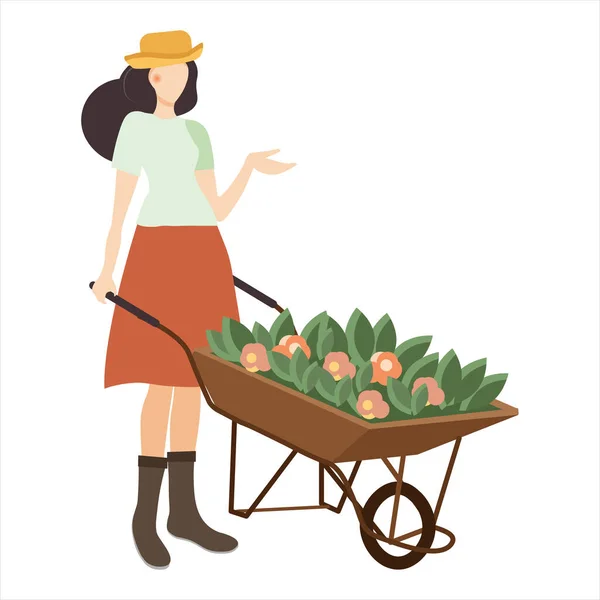 Arabası Çiçekleri Olan Kadın Bahçıvan Bahçede Bitki Yetiştiren Bir Kadın — Stok Vektör