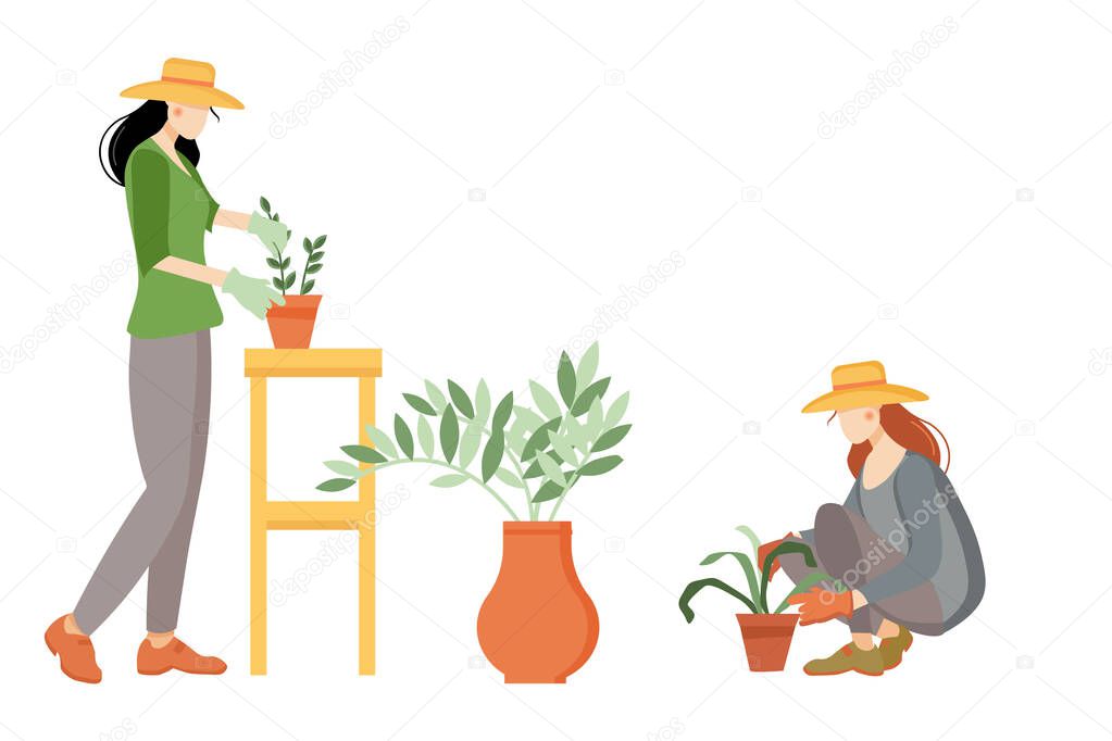 Woman gardener with a cart and flowers. Female character in a garden growing plants. Gardening together planting flowers in the garden. Farmer girl takes care of the plant. We work at home.
