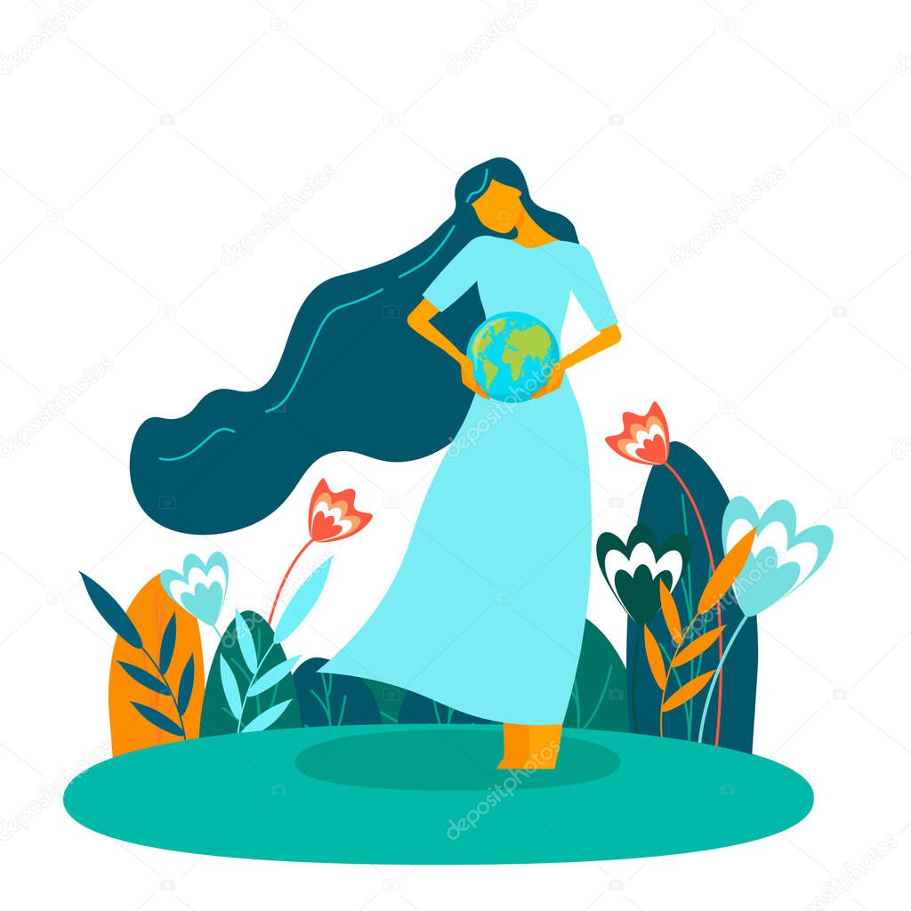 Young excited woman holds the globe in her hands, protects the planet from a pandemic. Hope for recovery and happiness. Vector illustration on white background, coronavirus pandemic concept