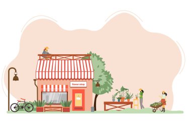 Çekici tezgahtar kız, çiçek tohumu, su kovası ve bahçe bahçesinde yetiştirmek için saksılarla masada duruyor. Çiçekçi çalışıyor ve çıkış yapıyor. Düz çizgi film çizimi.