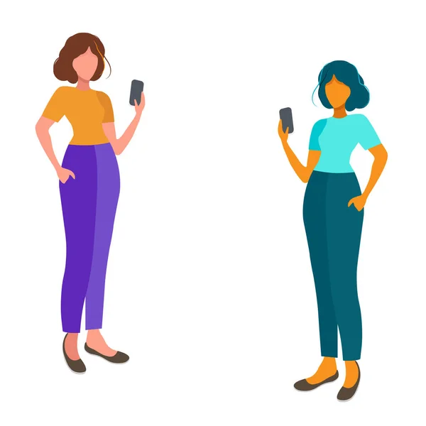 Lindas chicas felices están sosteniendo un teléfono, utilizando una aplicación de citas móviles, charlando o enviando mensajes románticos . — Vector de stock