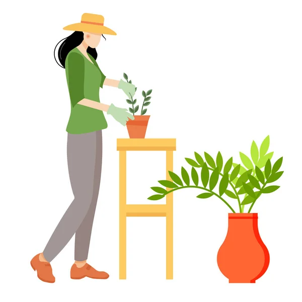 Vrouwelijke tuinman met een kar en bloemen. Vrouwelijk karakter in een tuin groeiende planten. — Stockvector