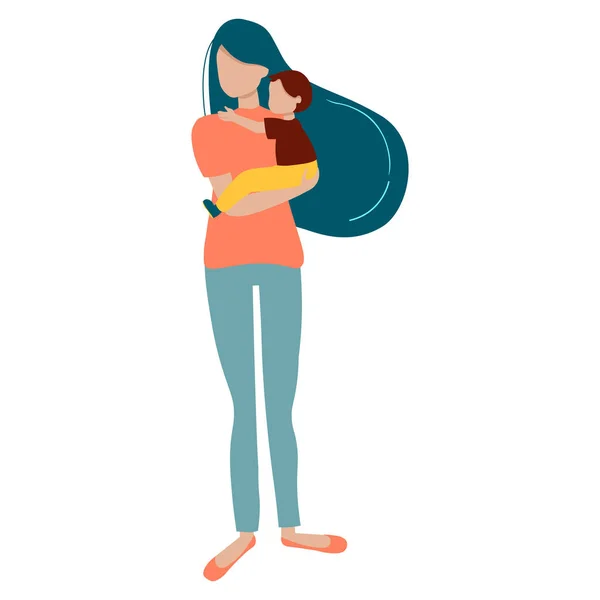 Une jeune mère tient son fils avec soin et amour. Entouré de fleurs et de verdure . — Image vectorielle