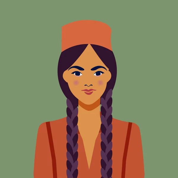 Young arab girl with braided braids. In the skullcap. Female portrait. — Stock Vector