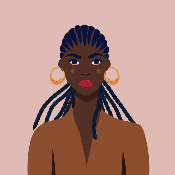 귀고리가 있는 아름다운 아프리카 여성의 초상화. 여성 초상화. 흑색 미의 개념. — 스톡 벡터