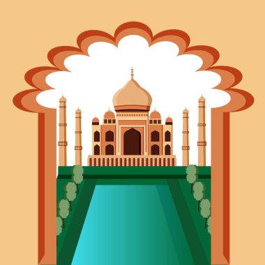 Taj Mahal. Agra, Hindistan 'da, Agra' daki Yamuna Nehri 'nin kıyısında bulunan beyaz mermer bir mozole. Hint, Farsça ve Arap mimarisi. Antik Saray Tapınağı. Vektör illüstrasyonu