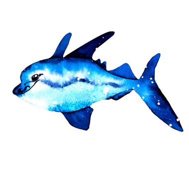 Suluboya mavi balık. Tasarımınız ve baskınız için basit gerçekçi çizimler. Davetiye tasarımı, çocuk albümleri, tekstil, hırsızlar, hatıra defteri..