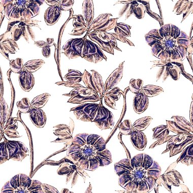 Kusursuz desen. Hellebore Çiçeği, tomurcuk ve yaprak. Çiçek tasarım elementleri. Botanik illüstrasyon. Eski tarz. Mavi ve beyaz. Mürekkep. Düğün davetiyelerinin, tekstil ürünlerinin, kağıtların tasarımı için..