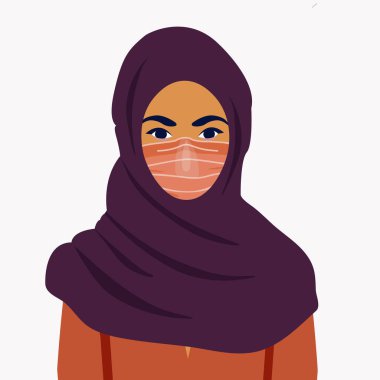Maskeli Müslüman kız. COVID-19 kavramsal vektör çizimi. Koronavirüse veya solunum virüsüne karşı koruma. Solunum yolu enfeksiyonlarının önlenmesi.