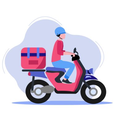 Motosikletle mal teslimatı için kurye. Teslimatla birlikte online servis. Covid19 Coronavirus salgını sırasında güvenlik. Yüz maskeli bir adam teslimat için scooter kullanıyor. Vektör illüstrasyonu
