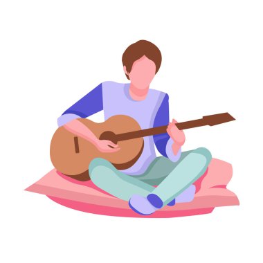 Genç adam gitar çalıyor, müzisyen, gençlerin boş zamanlarında, yastıkta vakit geçiriyor, oturma odasında oturuyor, rahatlıyor, illüstrasyoncu adam odanın afiş şablonunda. Evde oturuyoruz..