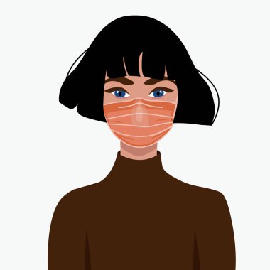Tıbbi maskeli Avrupalı bir kadın. Covid-19 'a karşı bir savunma olarak sosyal mesafe. Beyaz arkaplanda izole edilmiş boyalı bir çizim.
