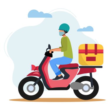 Motosikletle mal teslimatı için kurye. Teslimatla birlikte online servis. Covid19 Coronavirus salgını sırasında güvenlik. Yüz maskeli bir adam teslimat için scooter kullanıyor. Vektör illüstrasyonu