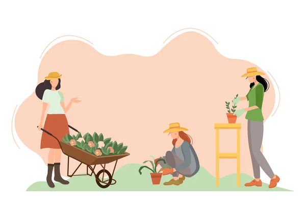 女园丁 手推车和鲜花 在种植植物的花园中的女性角色 一起在花园里种花 农夫的女儿照顾植物 我们在家里工作 — 图库矢量图片