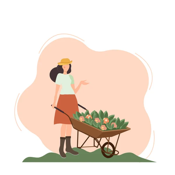 Vrouwelijke Tuinman Met Een Kar Bloemen Vrouwelijk Karakter Een Tuin — Stockvector