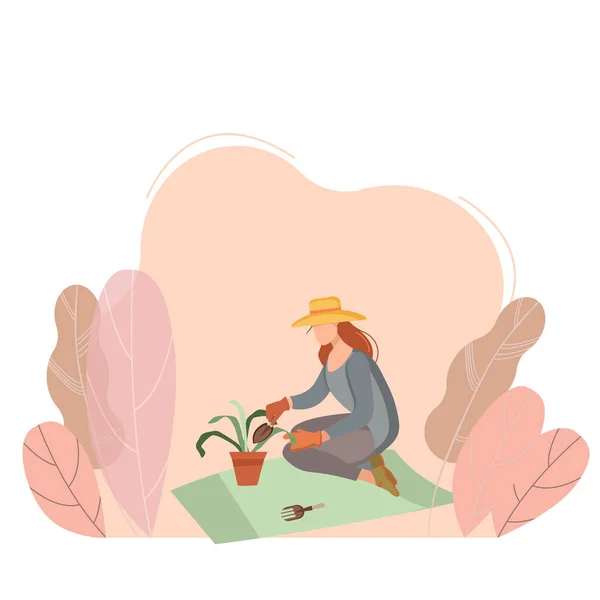 Mujer Jardinero Con Carro Flores Carácter Femenino Jardín Las Plantas — Vector de stock