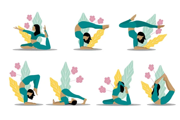 Yoga Féminin Illustration Vectorielle Une Belle Fille Dans Différentes Poses — Image vectorielle