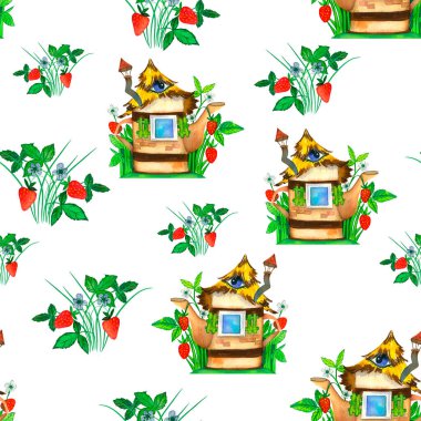 Kusursuz desen. Peri masalı evi, çaydanlık ve çilekli çalılar, çiçekler ve yeşil yapraklar. Suluboya. Kumaşlar, çocuk giysileri, duvar kağıtları, perdeler, yastıklar için uygun..